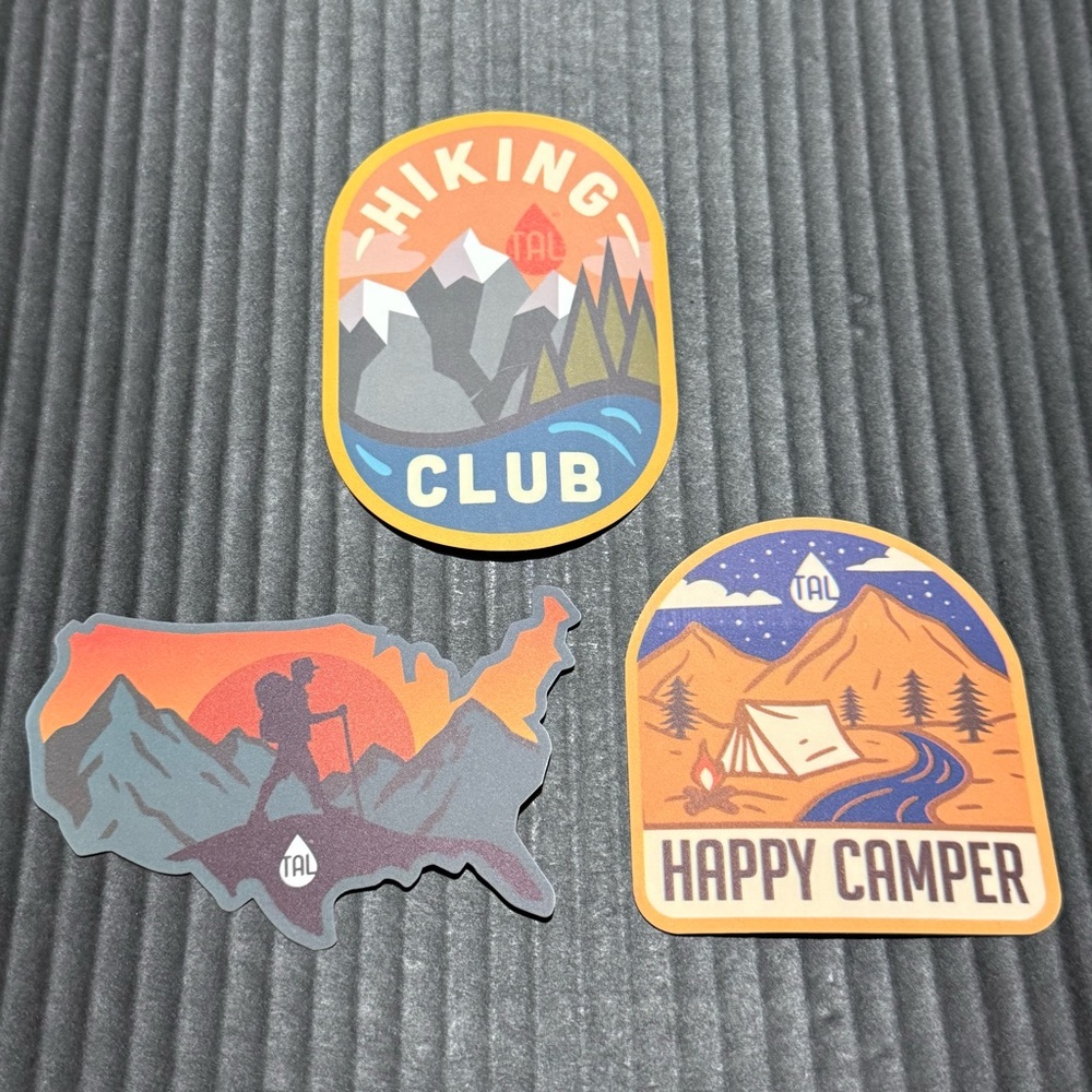 Hiking and Camping Vinyl Water Bottle Bumper Car Window Sticker Set 3pc